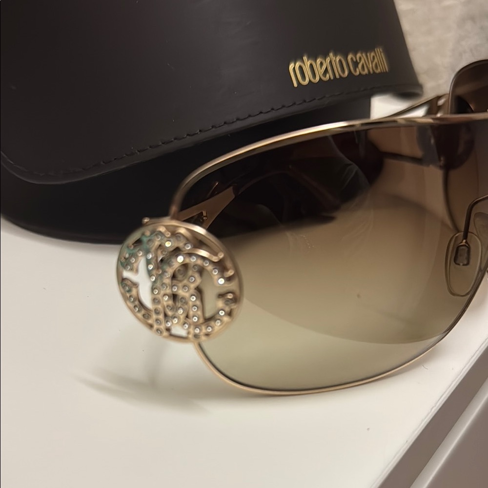 Roberto Cavalli Brown Shield Sunglasses with Crystal Detail